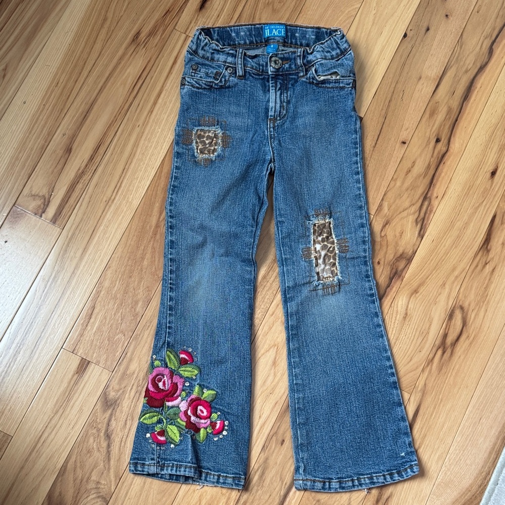 The Children's Place Blue Jeans with Floral and Leopard Accents